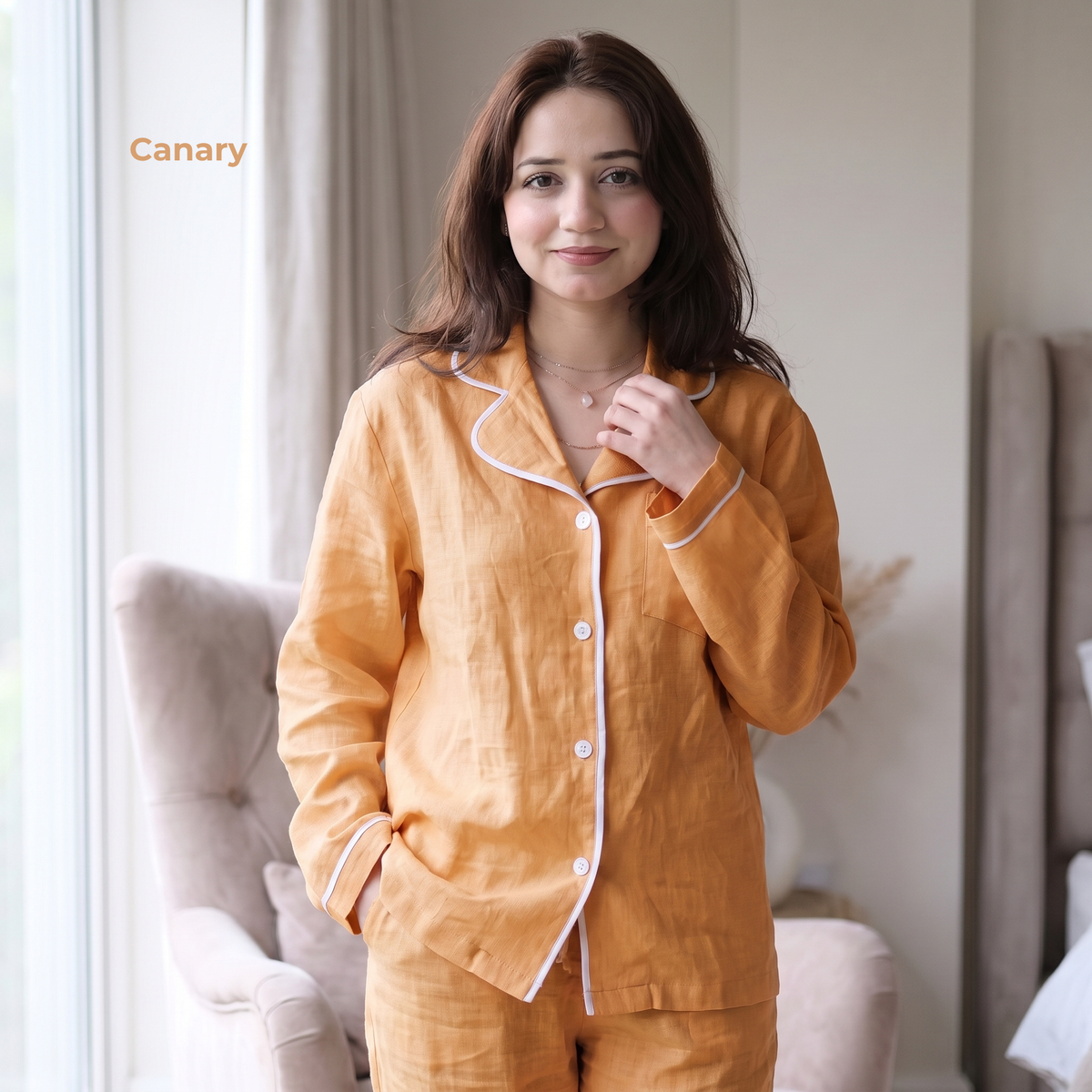 Women's Pure Linen Pajamas Full Sleeve Top & Pants Set in Canary – Aria by OrganoLinen