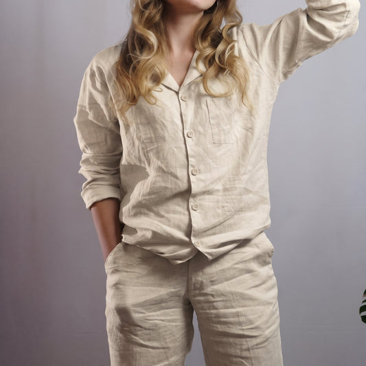 ARIA women's linen pajama set in Cloud Haze, long-sleeve top and pants