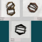 Three metal buckle options shown on a white background with labels: Antique Brass, Antique Copper, and Shiny Black. The image includes teal and gray design blocks around the product photos.
