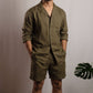 CRUZ men's linen pajama set in Olive Earth, long-sleeve top and shorts