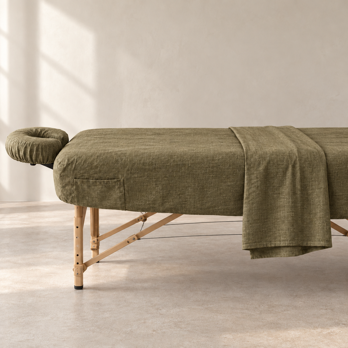 DREAM linen massage table sheet set in Olive Earth