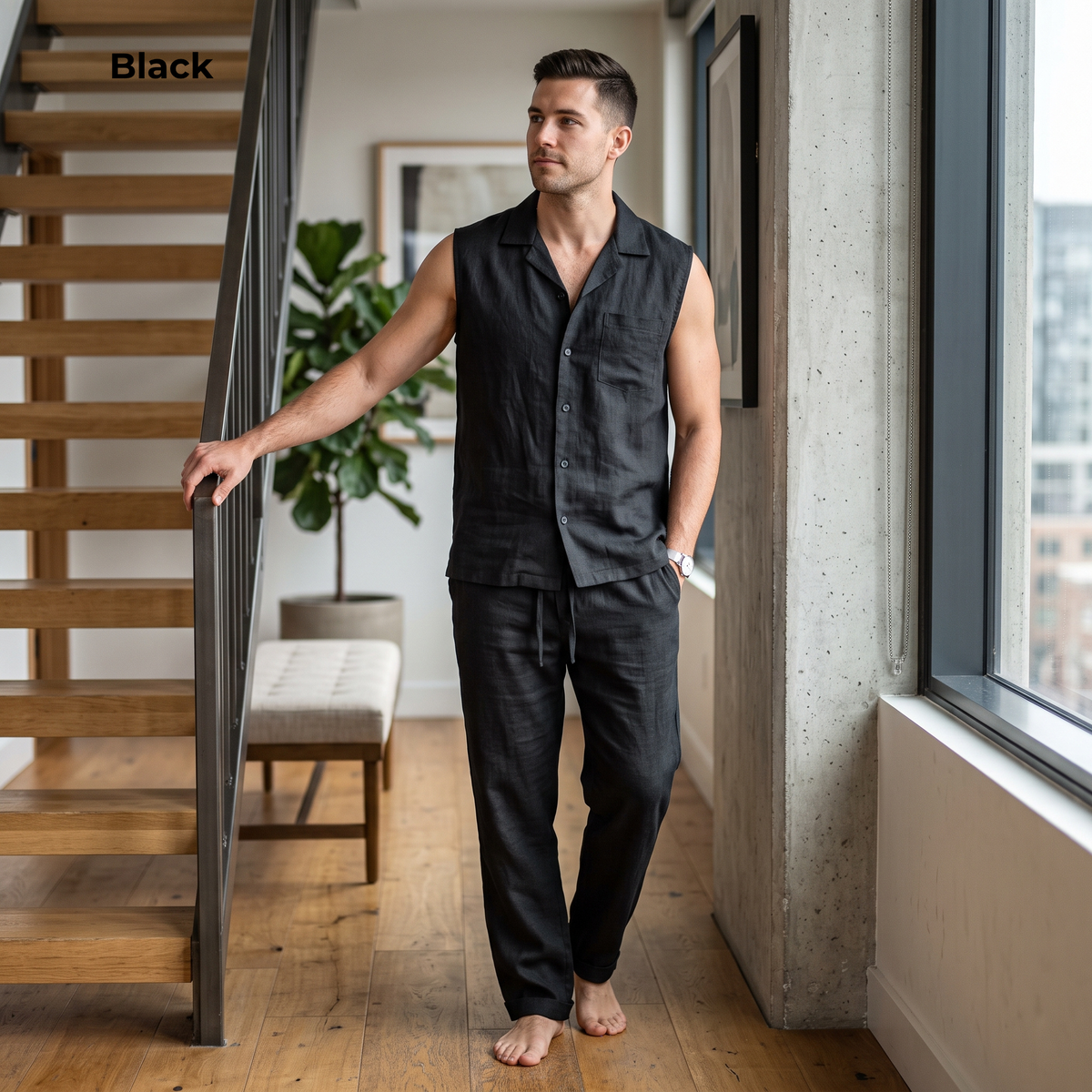 Men's Pure Linen Pajamas Sleeveless Top & Pants Set in Black Nexa – Elio by OrganoLinen
