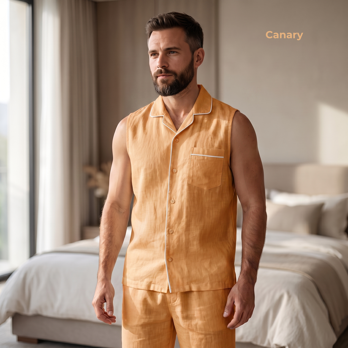 Men's Pure Linen Pajamas Sleeveless Top & Pants Set in Canary – Elio by OrganoLinen