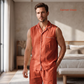 Men's Pure Linen Pajamas Sleeveless Top & Pants Set in Garnet Glaze – Elio by OrganoLinen