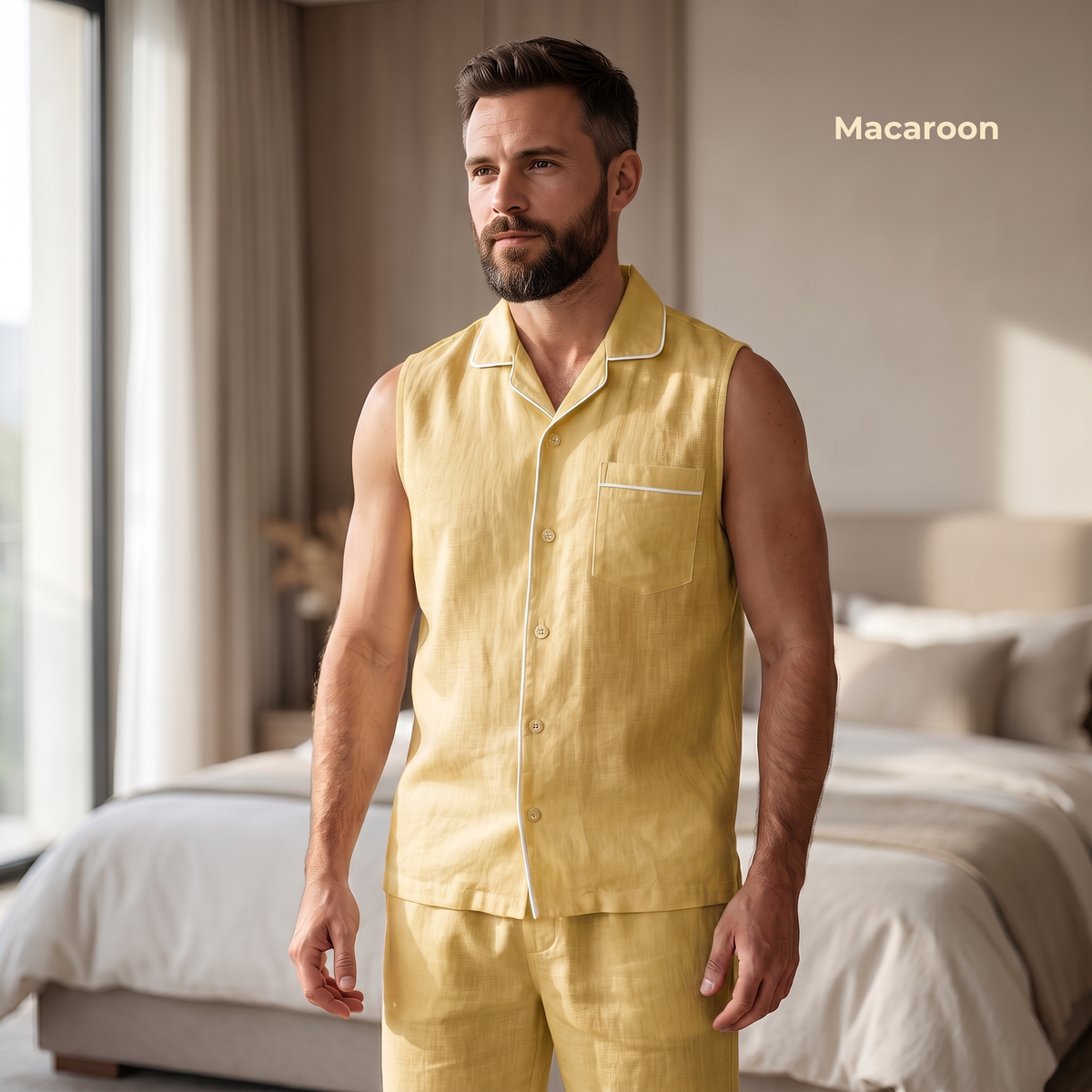 Men's Pure Linen Pajamas Sleeveless Top & Pants Set in Macaroon – Elio by OrganoLinen