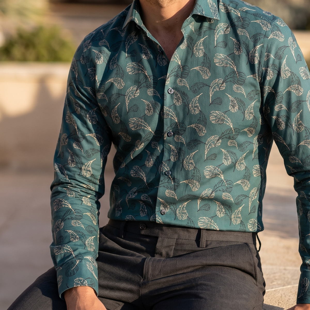 Men's Printed Linen Shirt in Moss Imprint – Forestwind by OrganoLinen