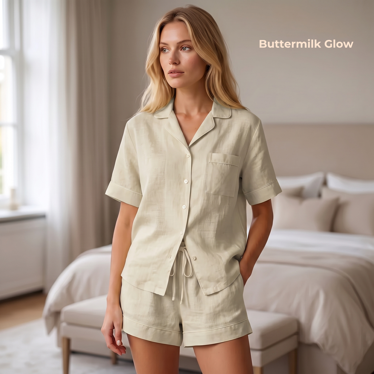 Women’s Pure Linen Pajamas– Short Sleeve Top & Shorts in Buttermilk Glow – Isla by OrganoLinen