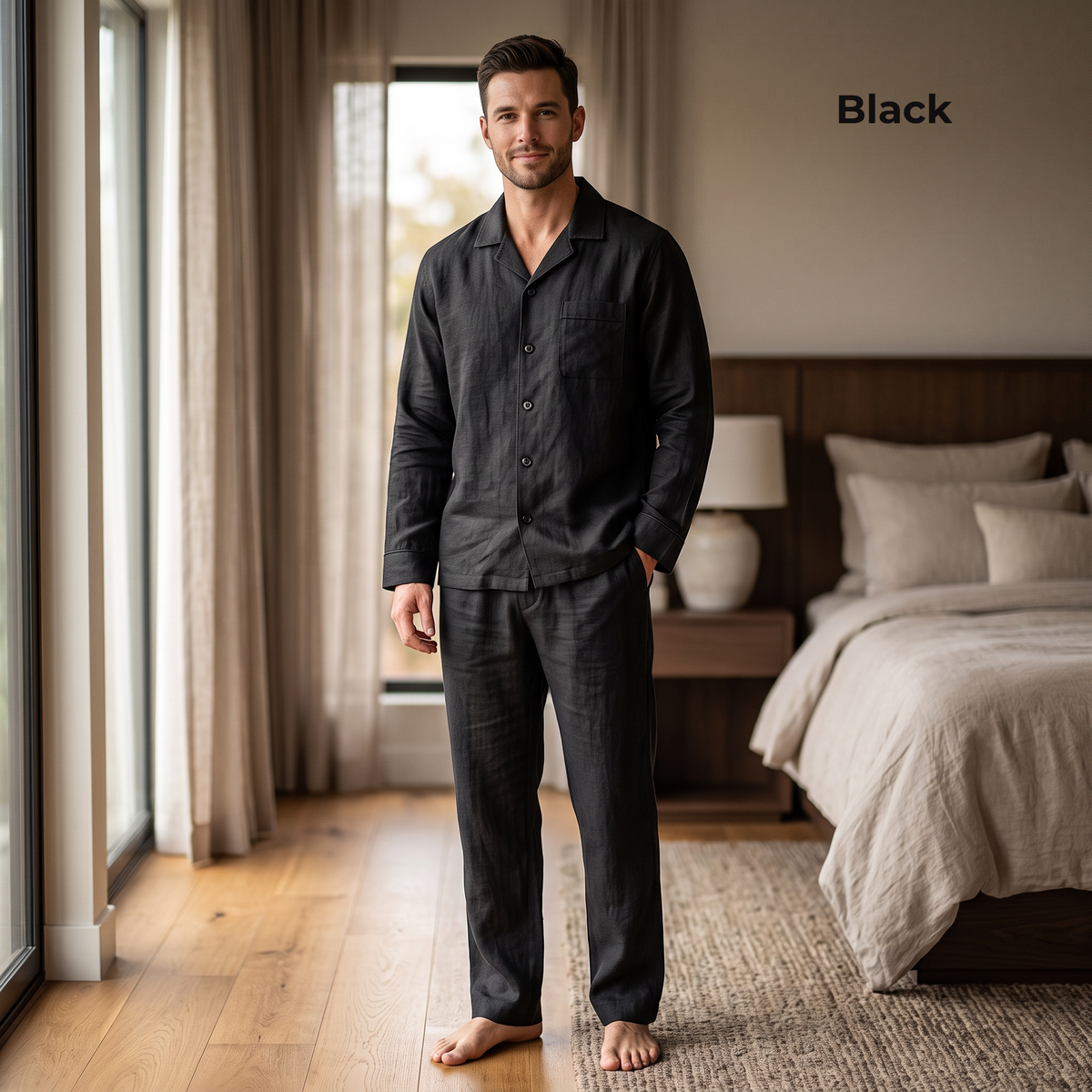 Men's Pure Linen Pajamas Full Sleeve Top & Pants Set in Black Nexa – Milo by OrganoLinen