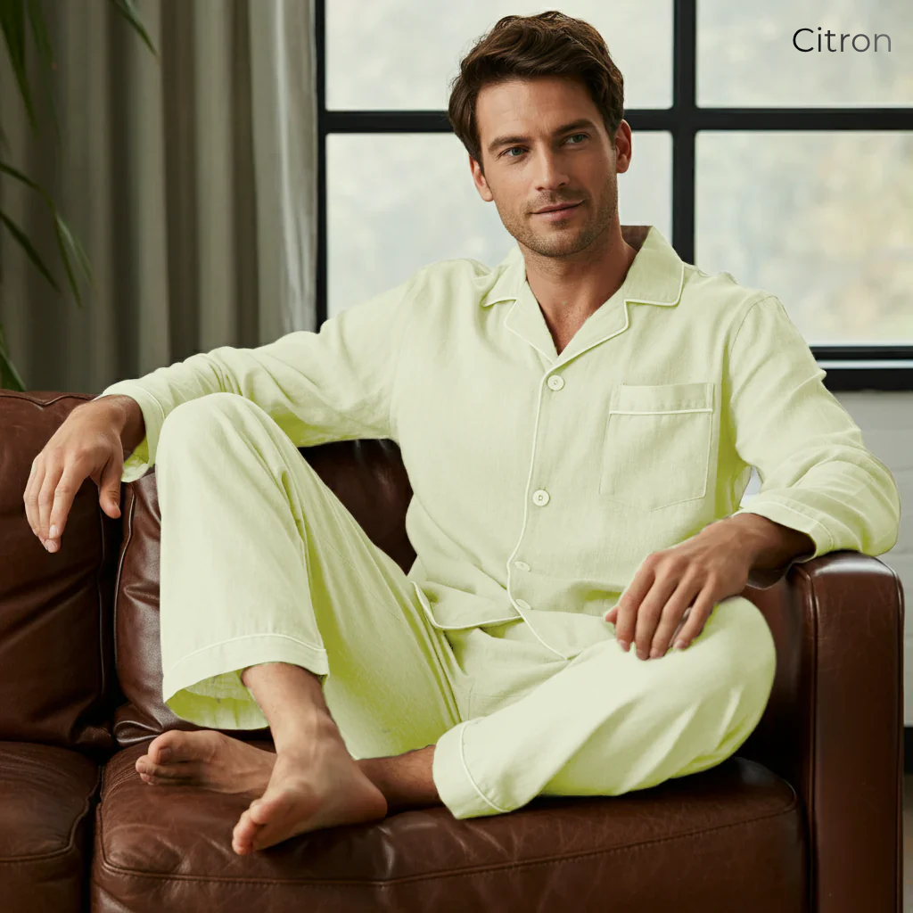 Men's Pure Linen Pajamas Full Sleeve Top & Pants Set in Citron – Milo by OrganoLinen