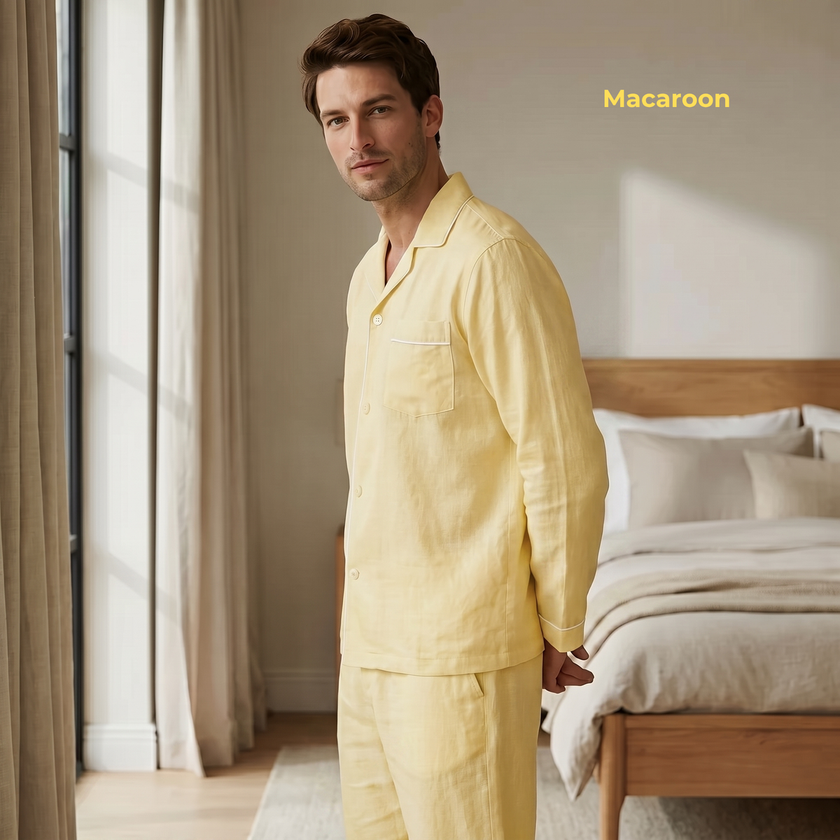 Men's Pure Linen Pajamas Full Sleeve Top & Pants Set in Macaroon – Milo by OrganoLinen