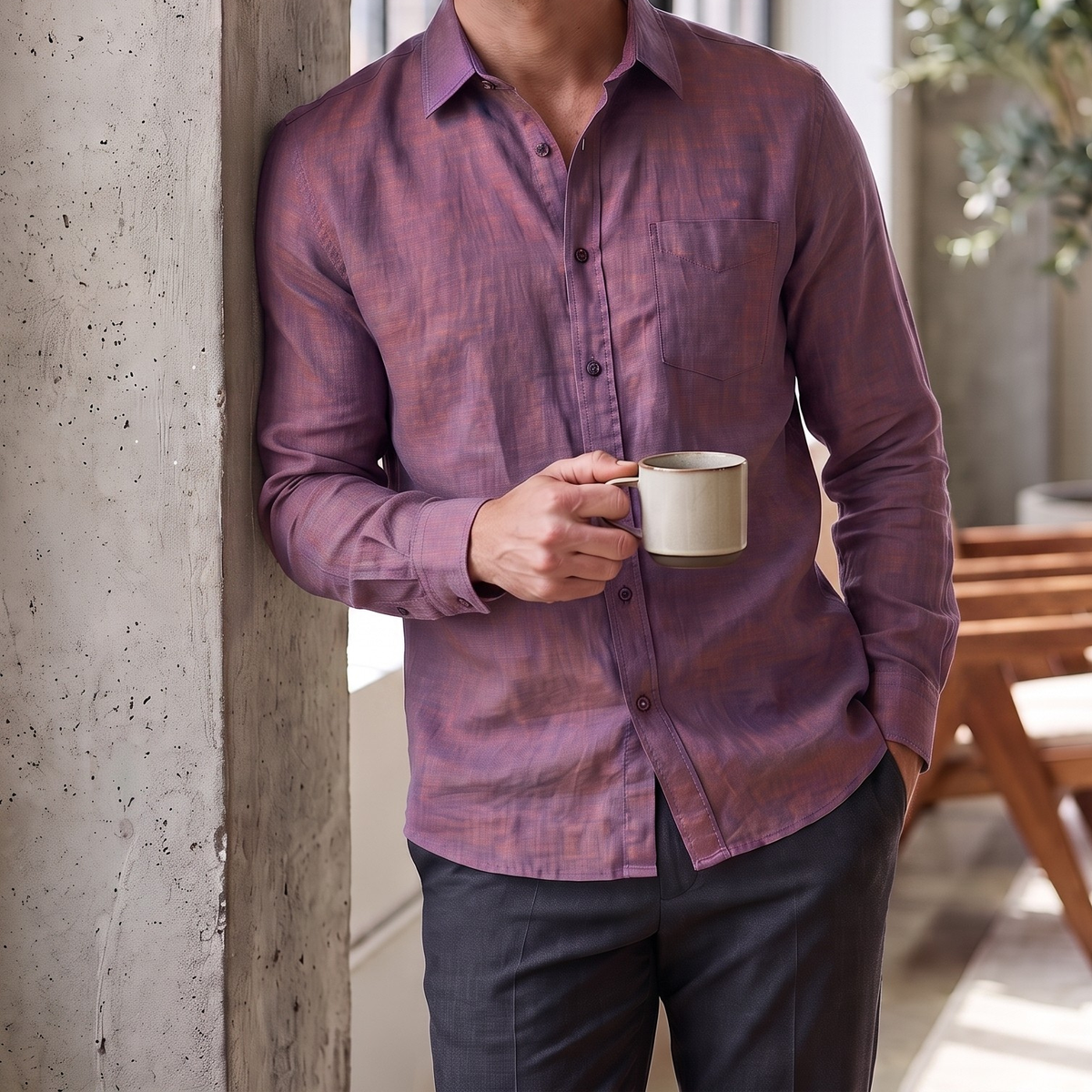 Men's Linen Shirt in Deep Bordeaux 1 – Raven by OrganoLinen
