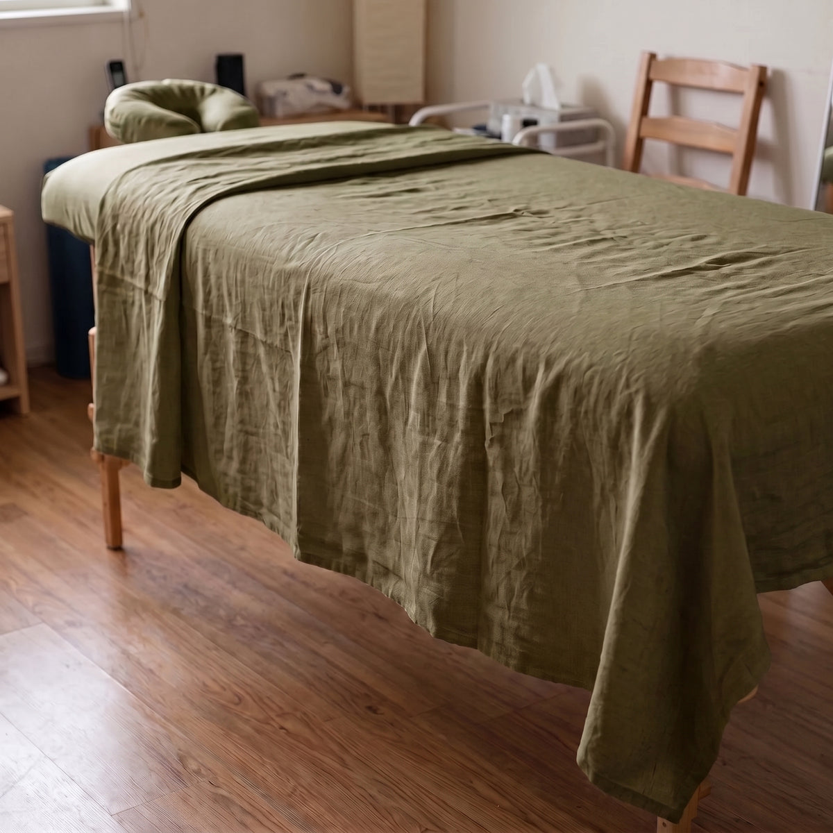SLUMBER linen flat massage drape sheet in Olive Earth