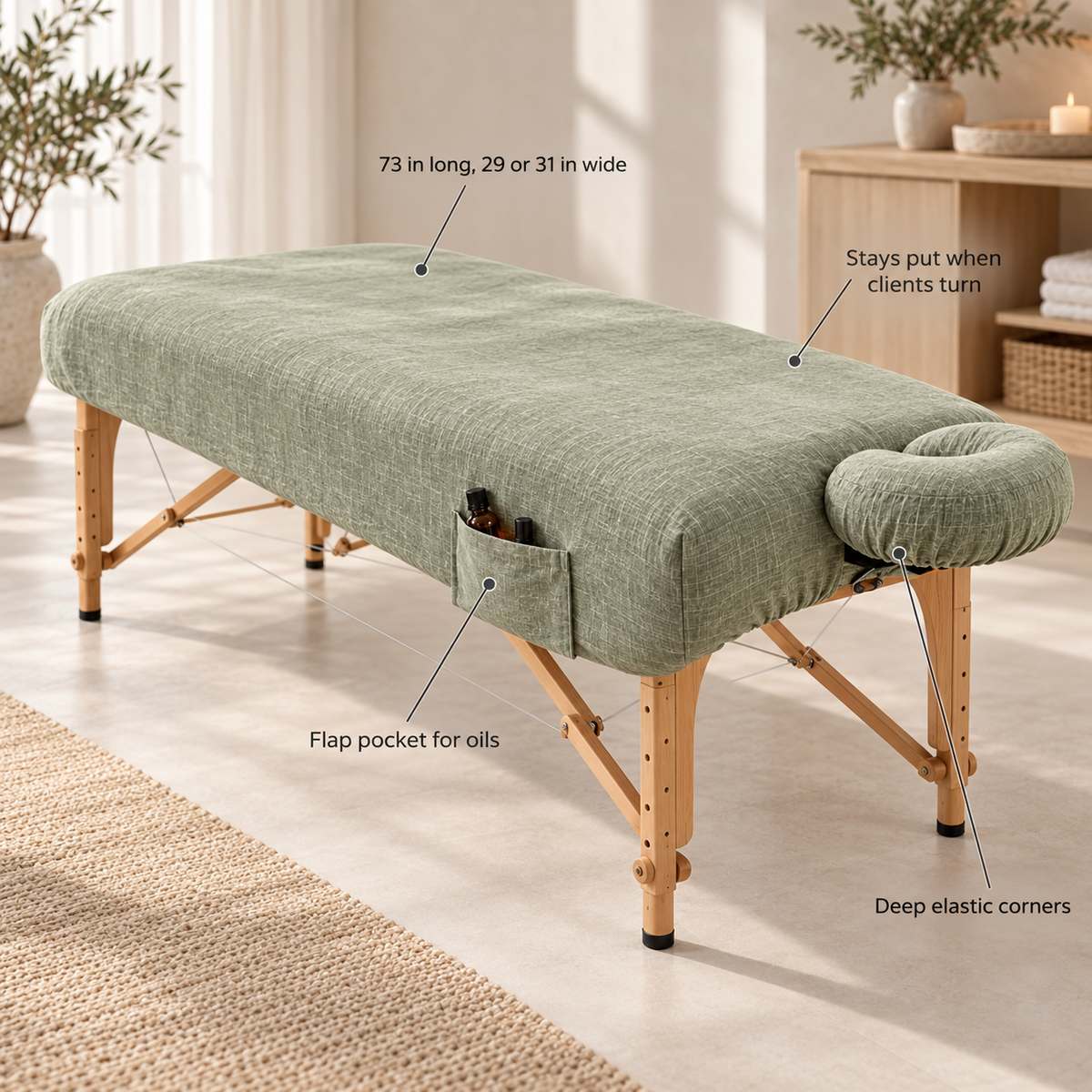 SNOOZE linen fitted massage table sheet in Pistachio Mist