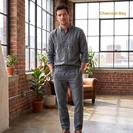 Men’s Heavy Linen Shacket & Trouser Co-ord Set in Charcoal Bay – Summit by OrganoLinen