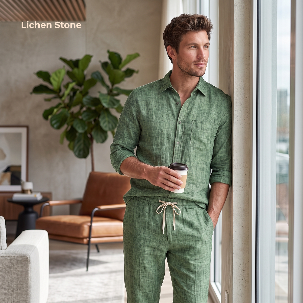 Men’s Heavy Linen Shacket & Trouser Co-ord Set in Lichen Stone – Summit by OrganoLinen