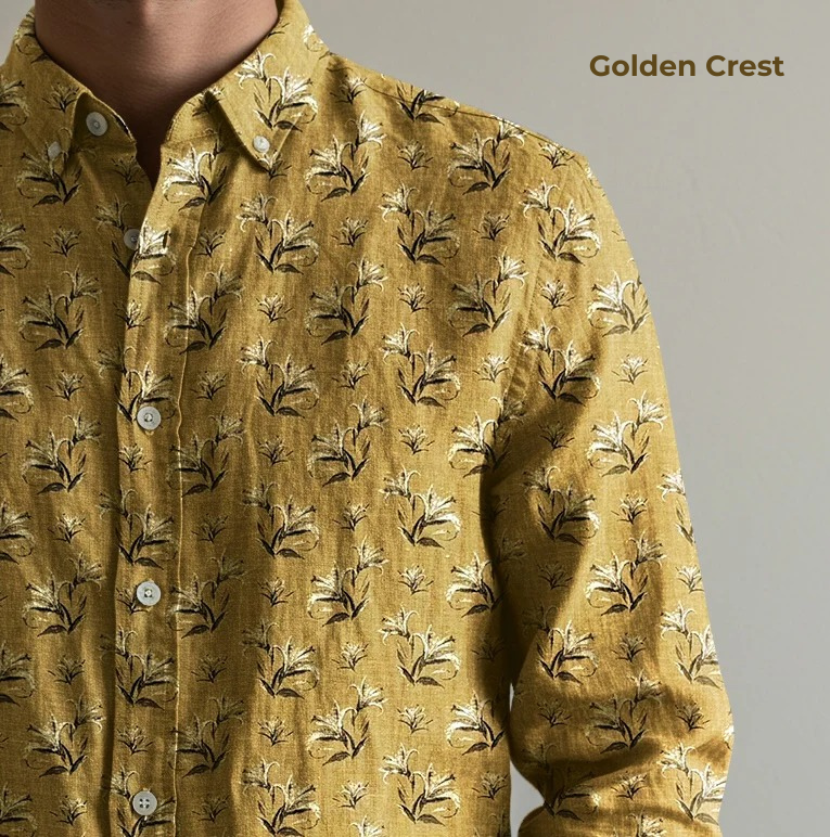 Men's Printed Linen Shirt in Golden Crest – Sunstroke by OrganoLinen