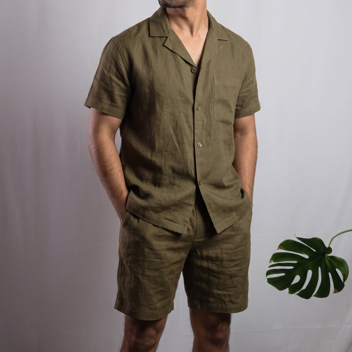 THEO men's linen pajama set in Olive Earth, short-sleeve top and shorts