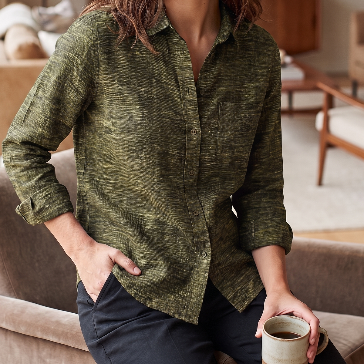 Women's Shirt in Heavy Linen in Woodland Olive – Willow by OrganoLinen