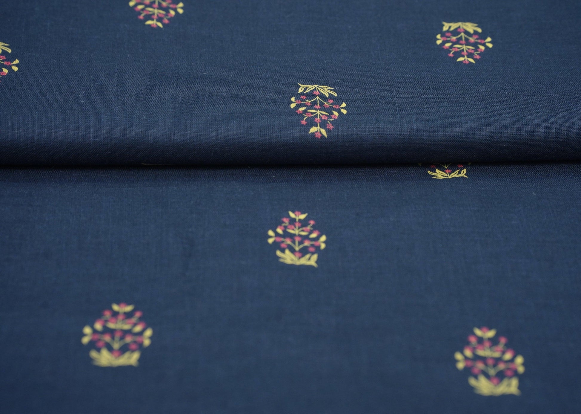 Digital Flower Print on Navy Blue base - Linen Fabric - OrganoLinen