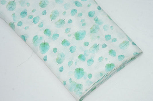 Digital leaf Print on White base - Linen Fabric - OrganoLinen